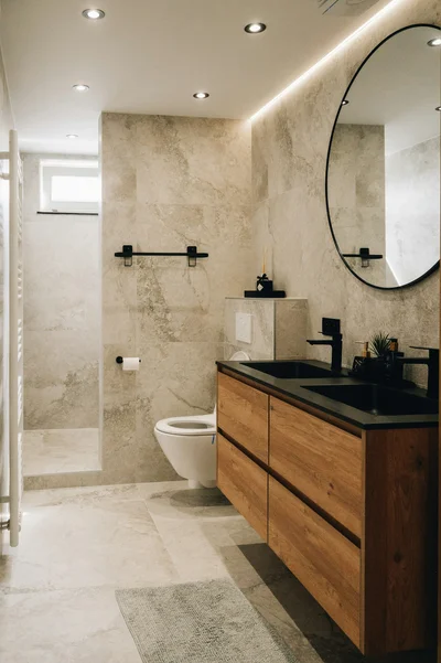 Modern Minimalist Master Bathroom With Warm Wood Vanity