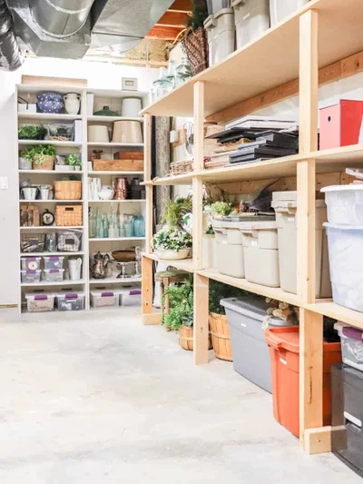 Organized Wooden Shelving Store Room Setup