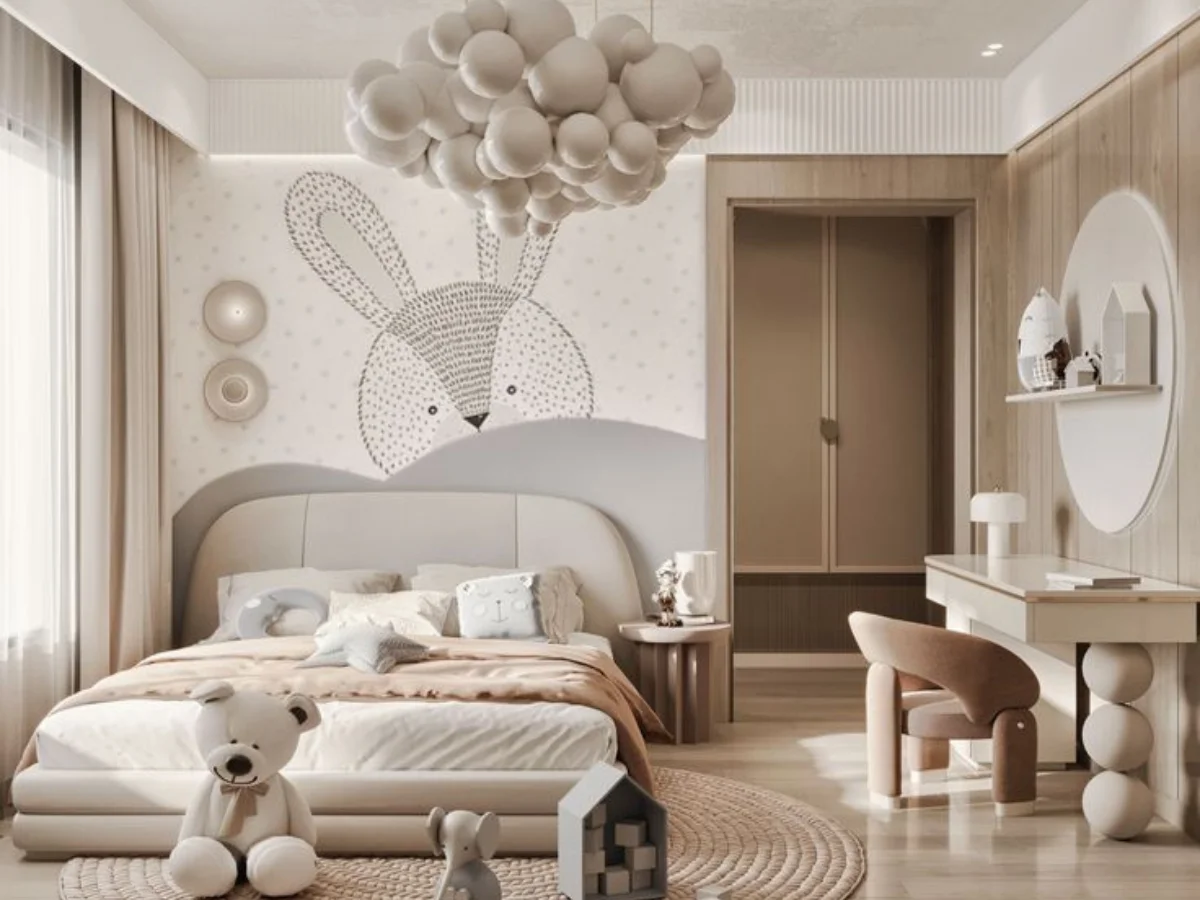 Whimsical Modern Kids Bedroom with Cloud Pendant