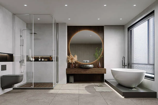 Modern Minimalist Common Bathroom with Warm Wood Accents