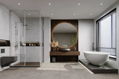 Modern Minimalist Common Bathroom with Warm Wood Accents