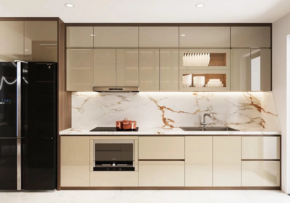 Modern Glossy Kitchen with Marble Backsplash