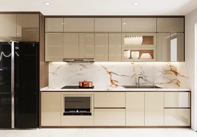 Modern Glossy Kitchen with Marble Backsplash